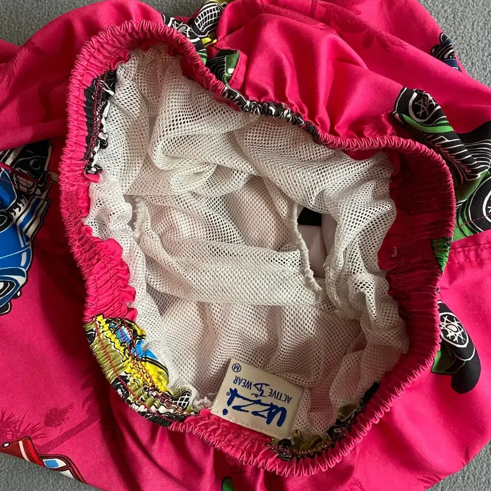 Uzzi Active Wear Shorts Mens‎ M Pink Graphic Swim Surf Beach Festival Cars Palm